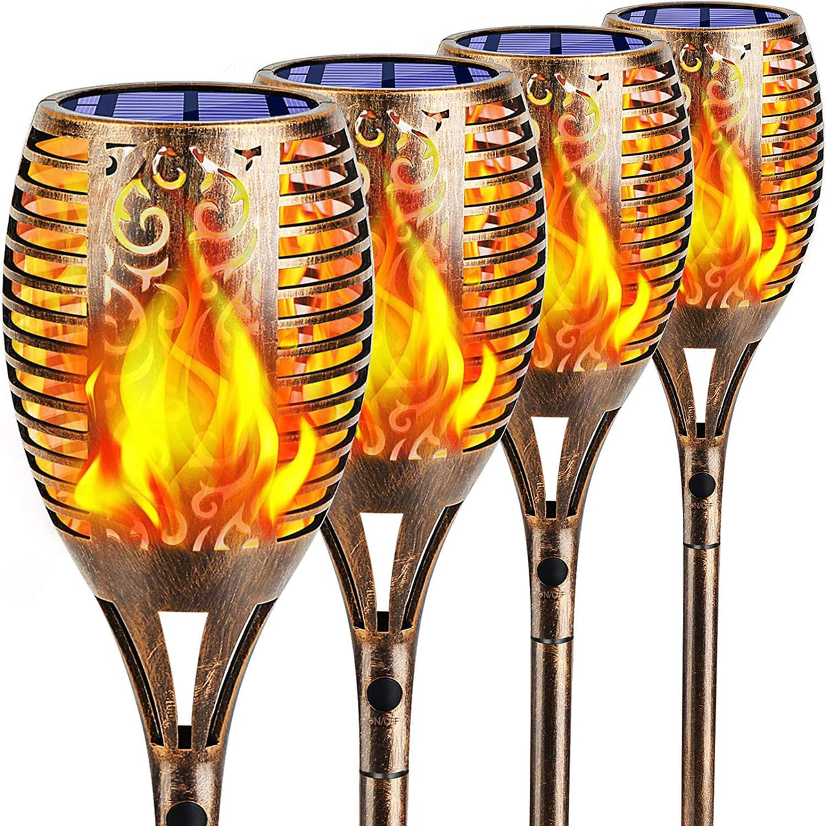 TomCare solar lights dancing flame front view in bronze enhances outdoor ambiance.