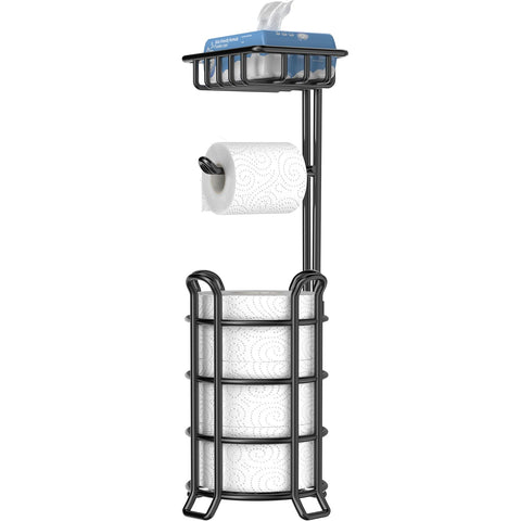 TomCare toilet paper stand with shelf in black metal beside the toilet, keeping essentials handy.