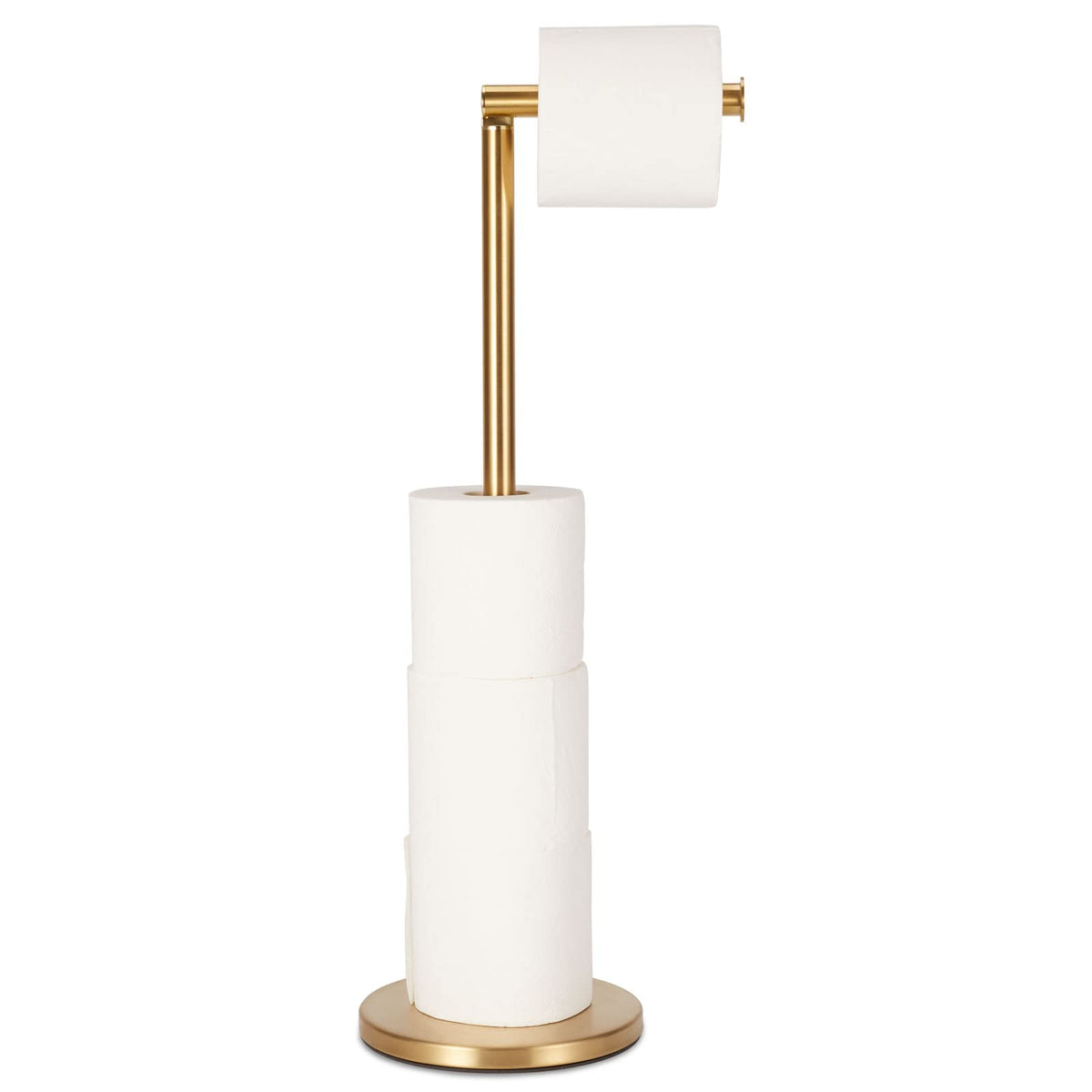 Tomeblo toilet paper stand with gold base offers sturdy support in humid bathrooms.