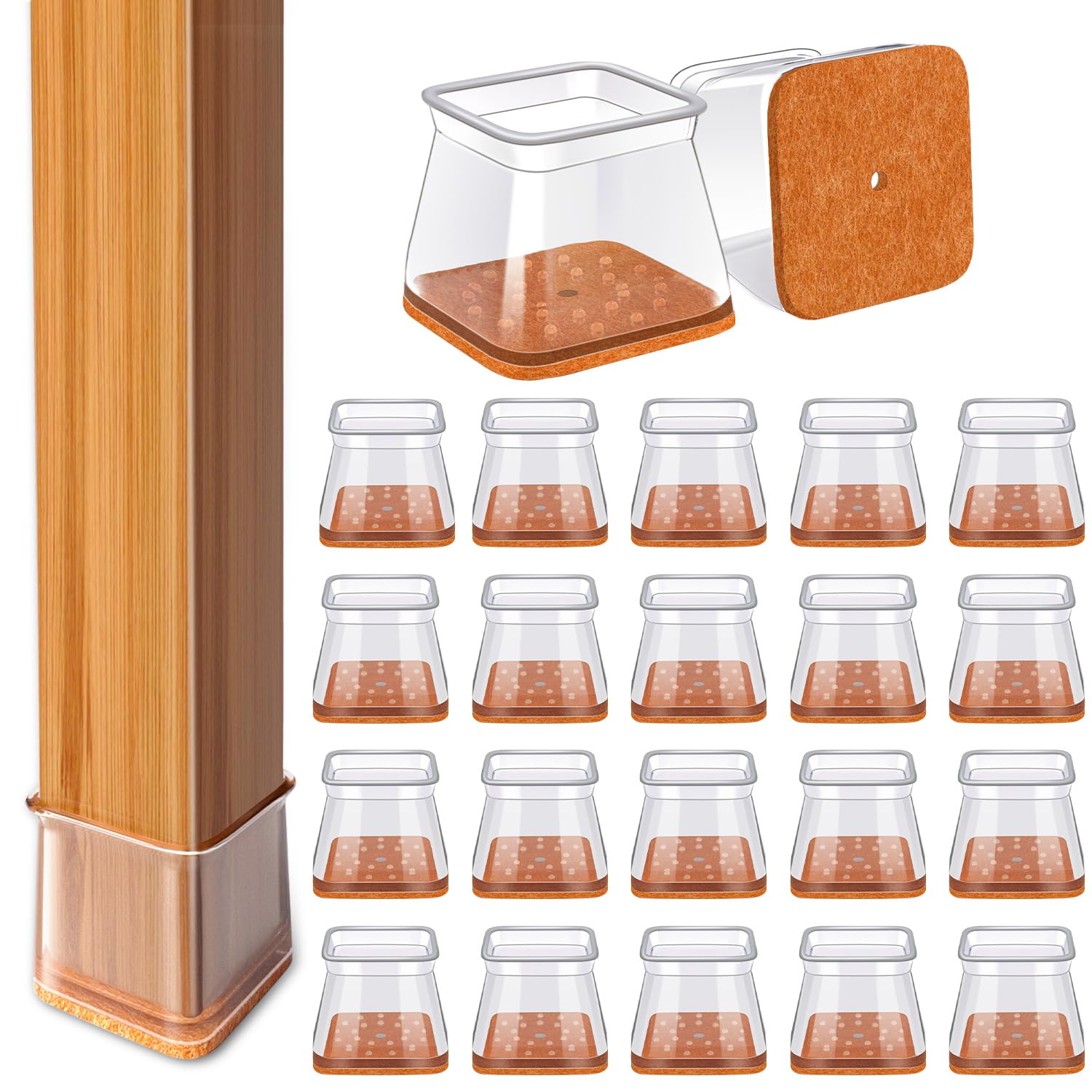 TOMHUA 28Pcs square clear silicone chair leg protectors for smooth, scratch-free hardwood floors.