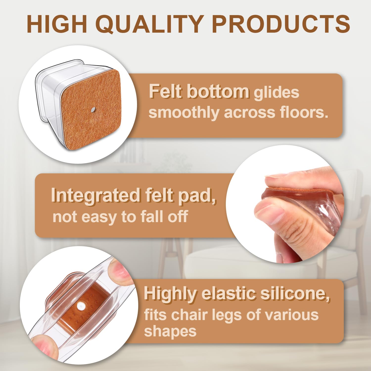 TOMHUA protectors reduce chair noise for smoother movement on floors.