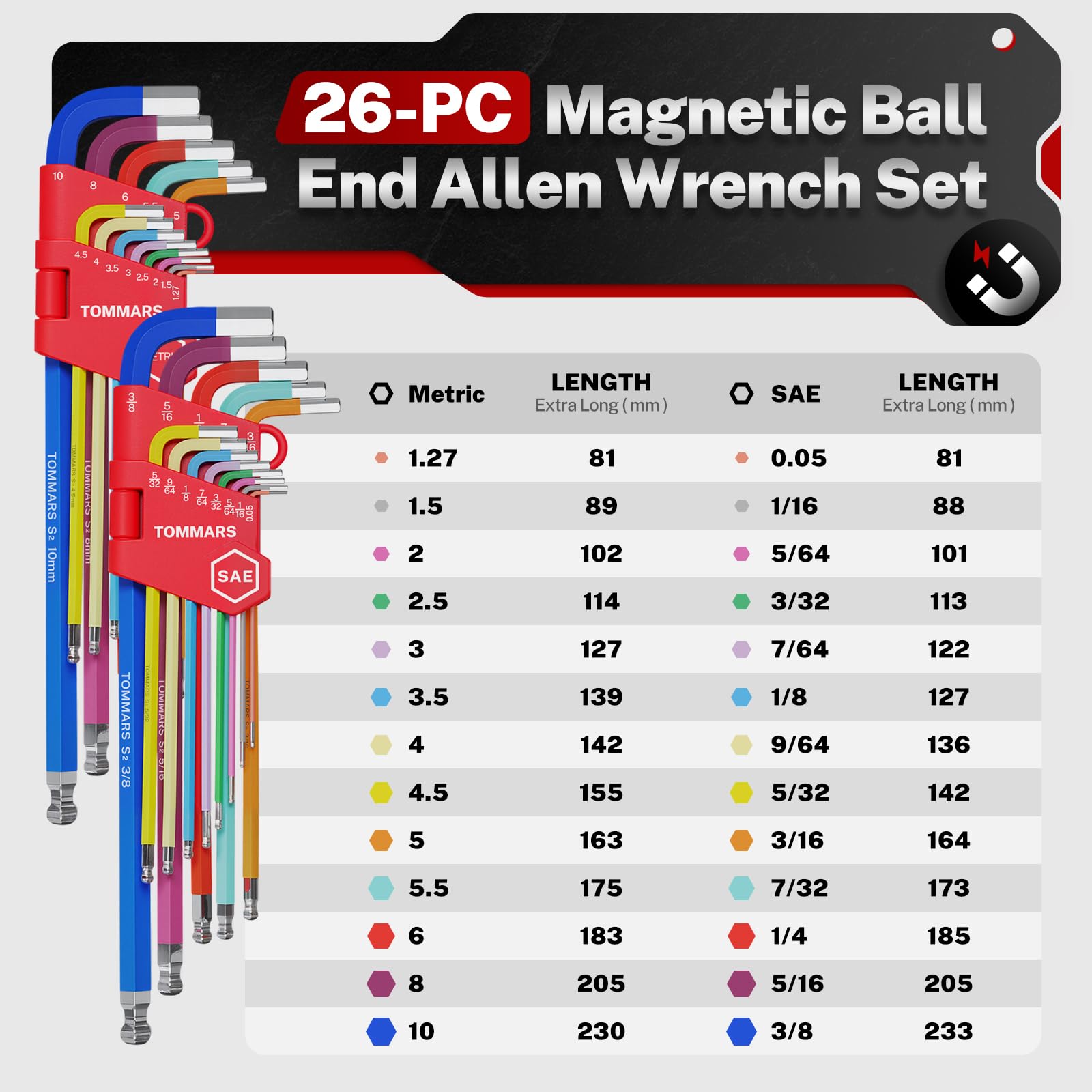 TOMMARS 26‑pc extra-long-arm allen wrench enables deep reach and high torque