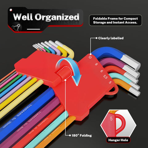 TOMMARS 26‑pc metric sizes range from 1.27 mm to 10 mm for metric fasteners