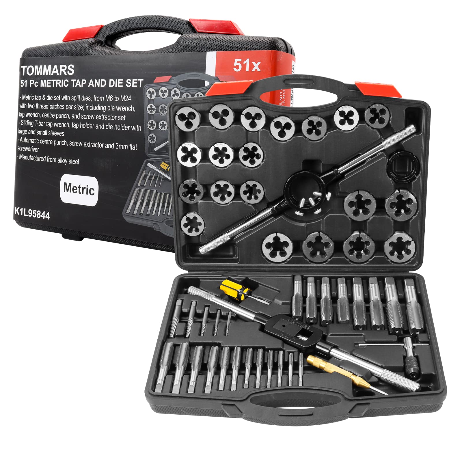 TOMMARS 51-piece M6–M24 tap and die set for precise threading repairs and builds