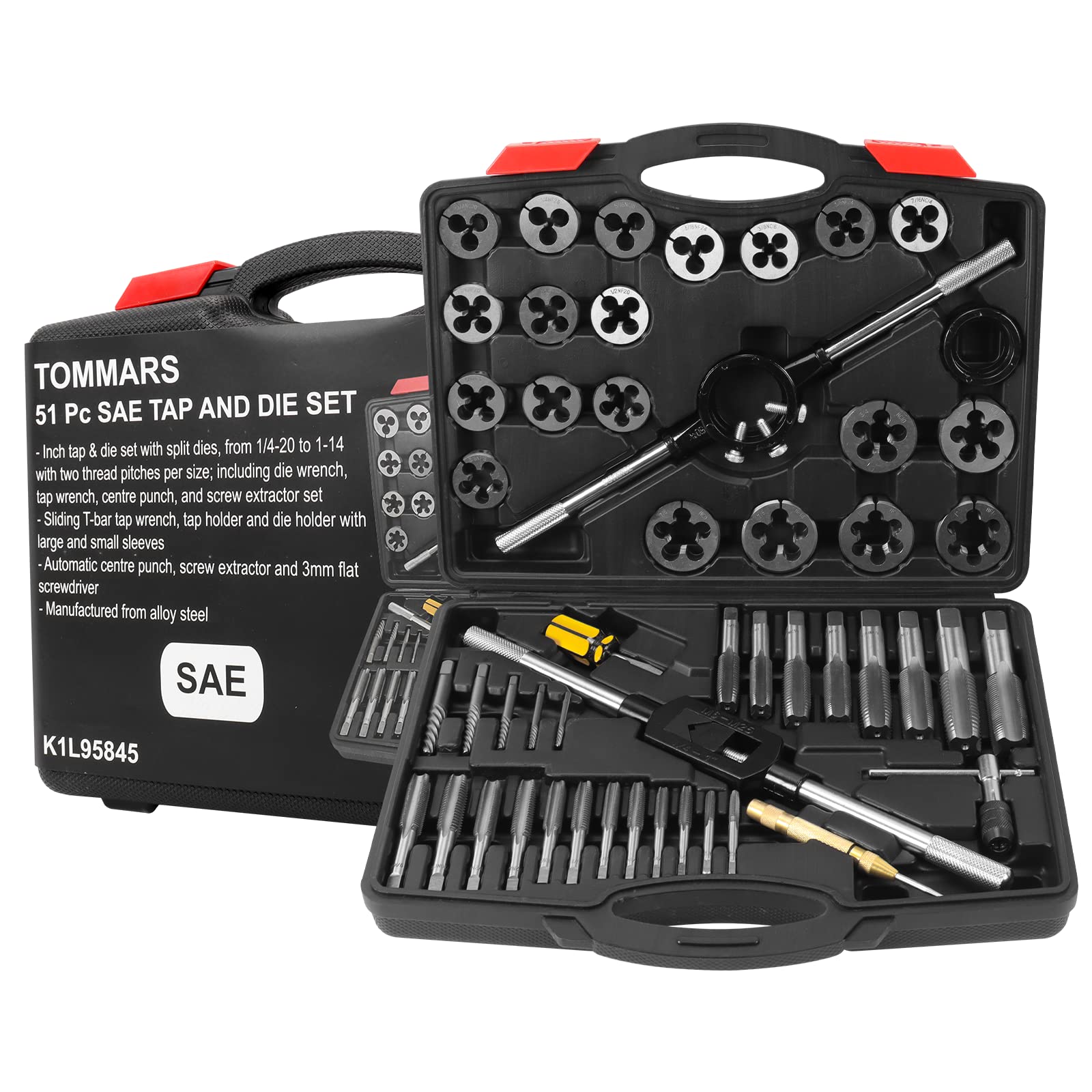 TOMMARS 51pc tap and die set kit layout for easy part selection