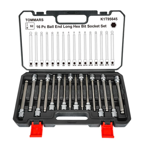 TOMMARS ball-end long hex socket set neatly in box for easy organization.