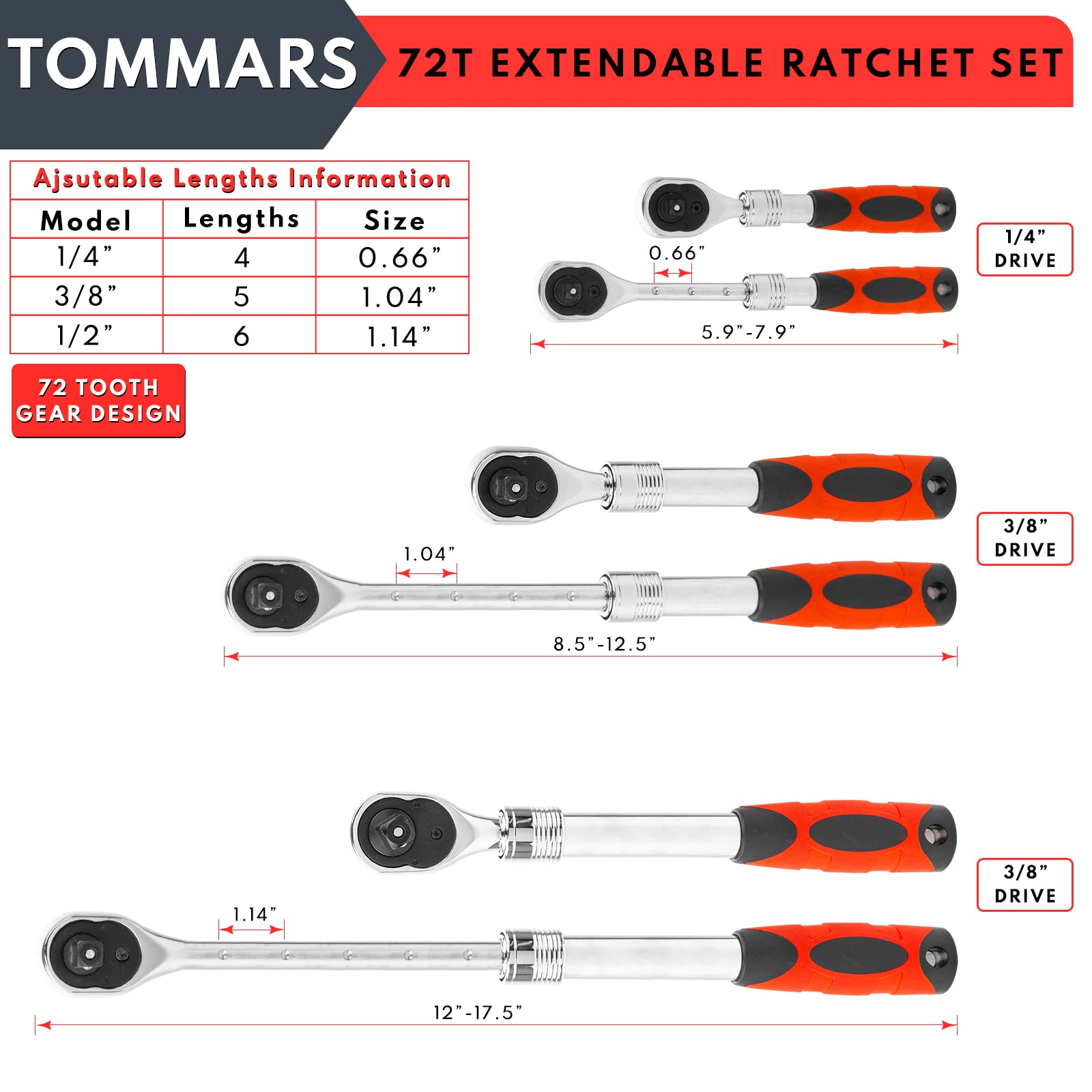 TOMMARS extendable ratchet with 1/2 inch drive for extended reach