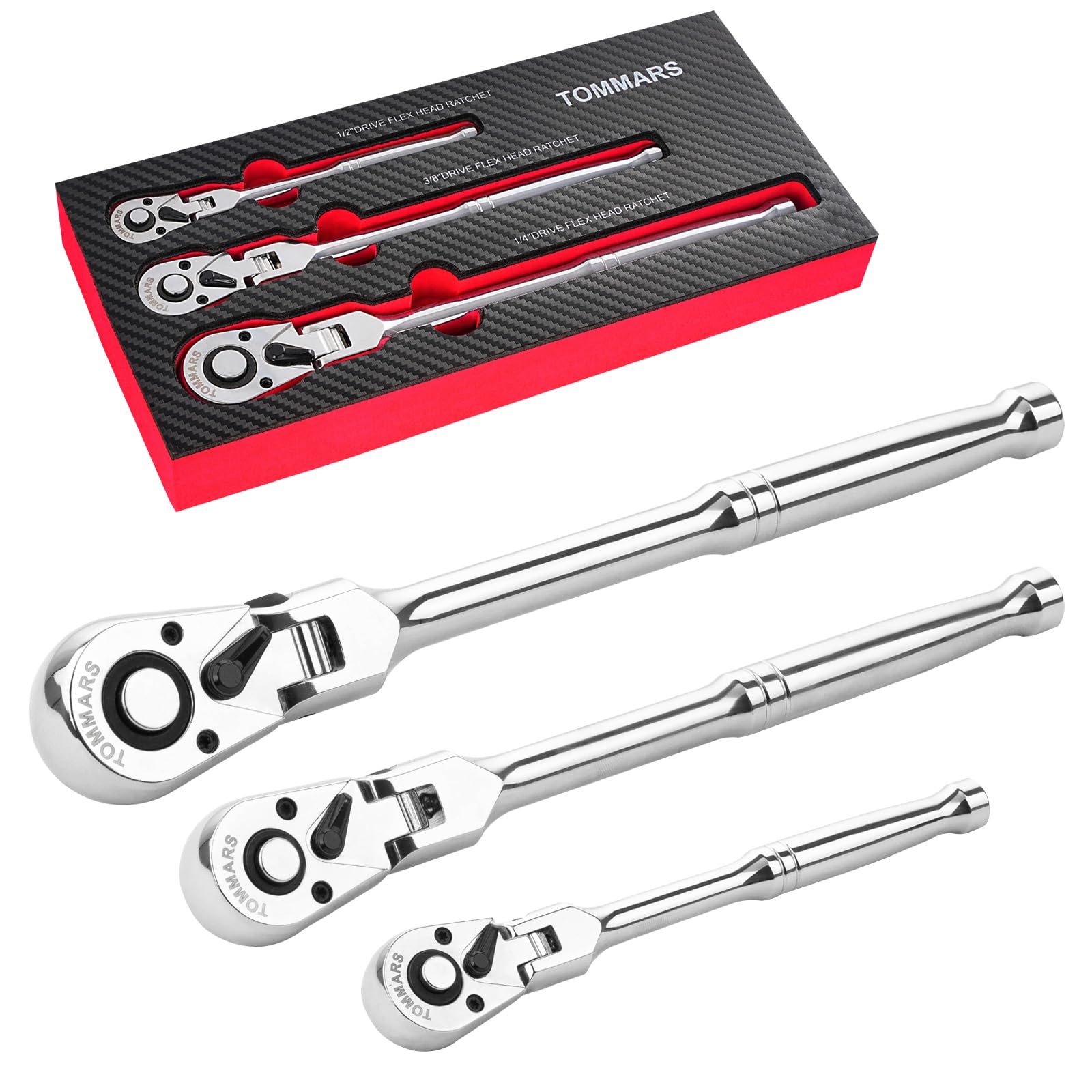 TOMMARS flex-head ratchet 1/4 drive for tight spaces and precision.