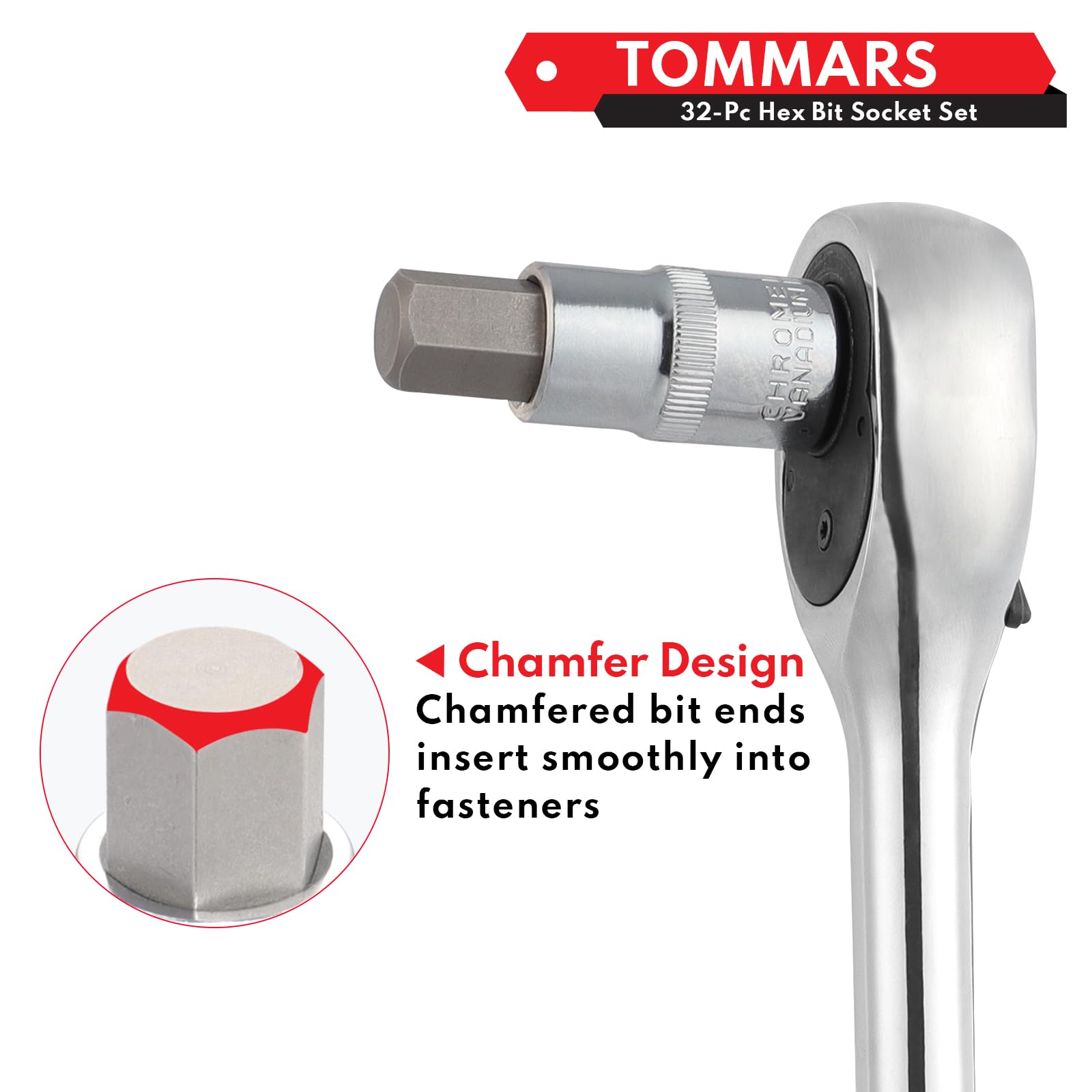 TOMMARS precisely sized and chamfered bits minimize wear on fasteners.