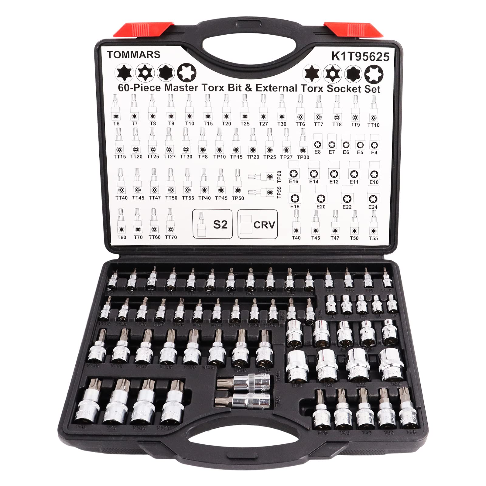 TOMMARS torx bit socket set overview showing organized blow-mold case