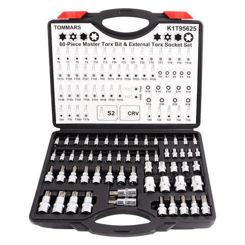 TOMMARS torx bit socket set overview showing organized blow-mold case