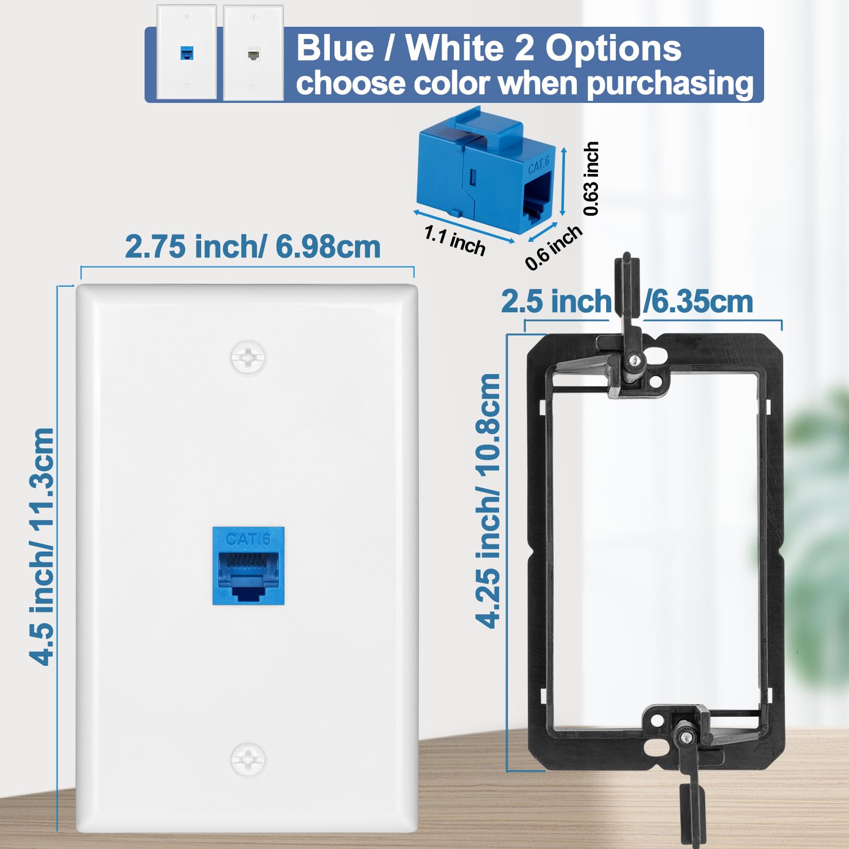 TOMODER Cat6 blue wall plate back view with gold-plated contacts