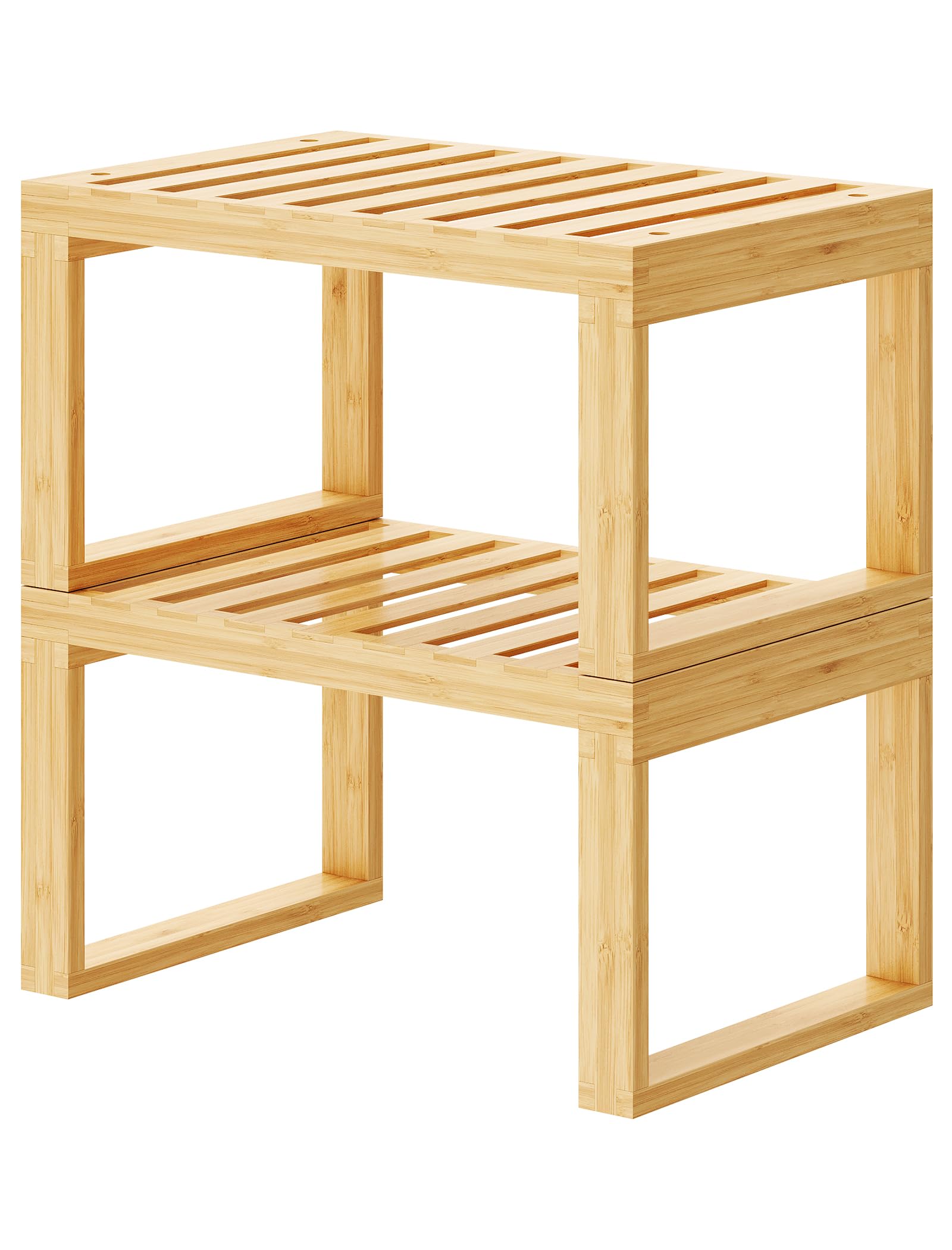 Tomorotec bamboo cabinet shelf 2pc on counter for organized storage.
