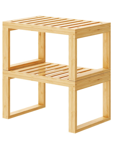 Tomorotec bamboo cabinet shelf 2pc on counter for organized storage.