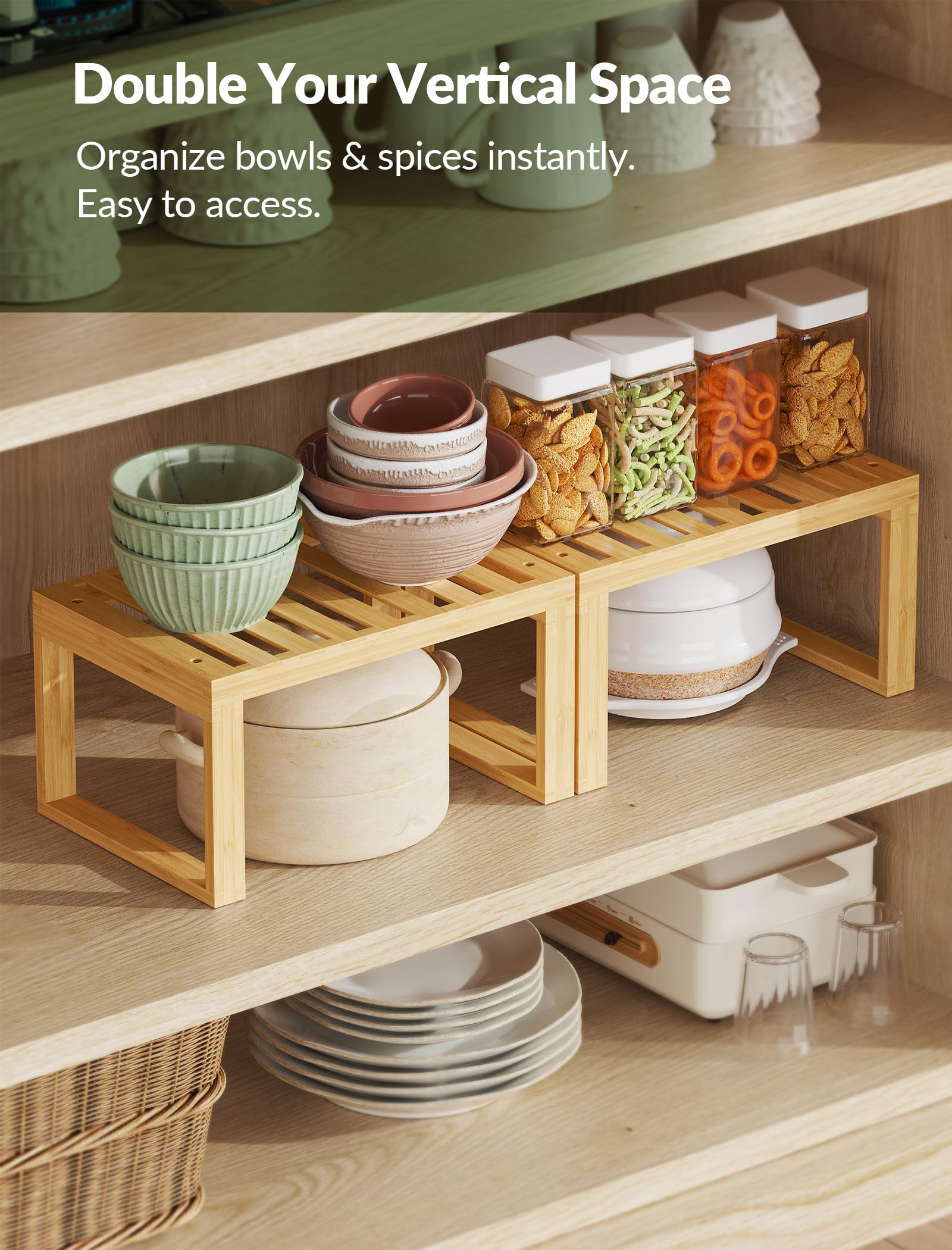 Tomorotec stackable shelf maximizes vertical space in cabinets.