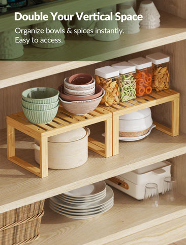Tomorotec stackable shelf maximizes vertical space in cabinets.