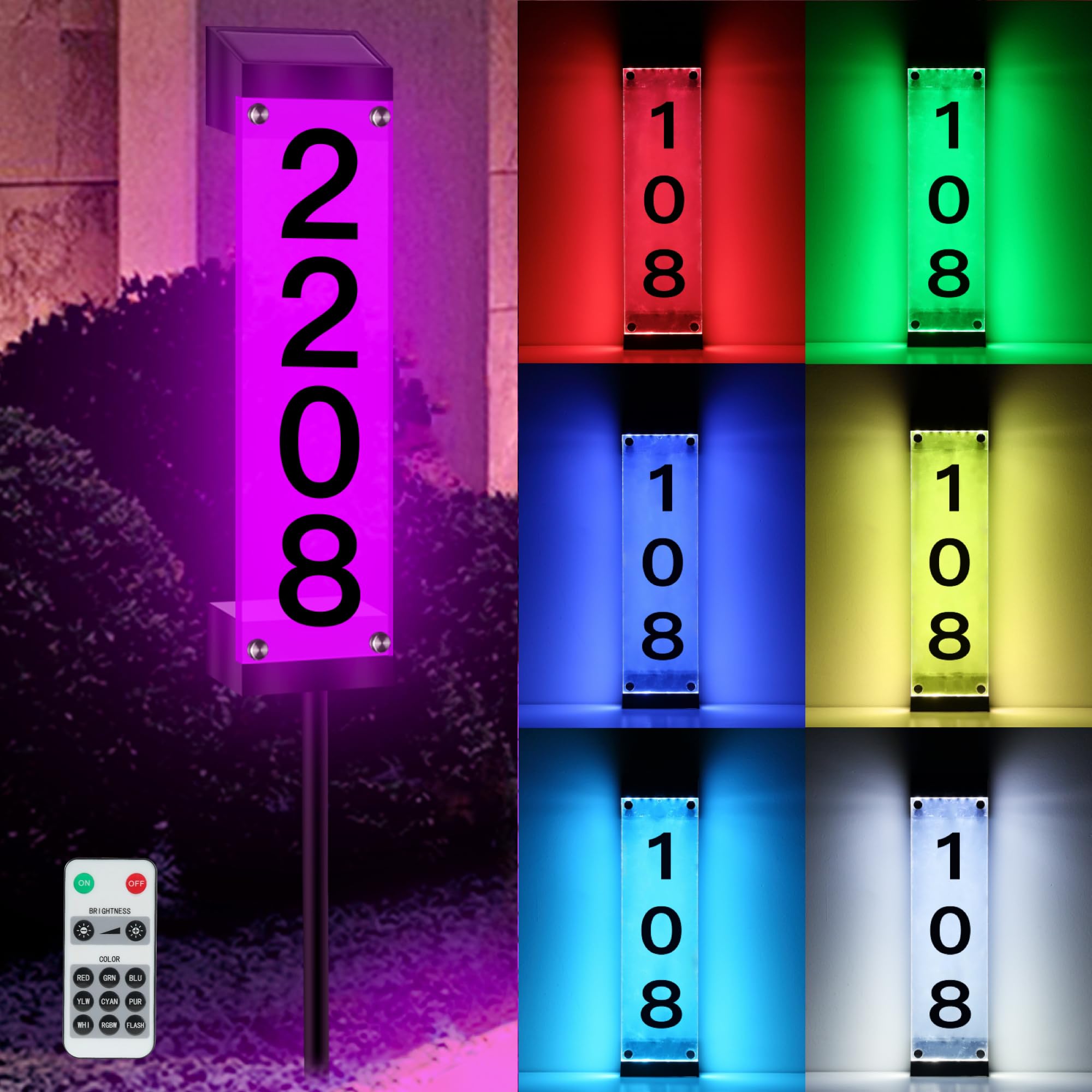 Tomskiko solar address sign front view illuminates your house number at night