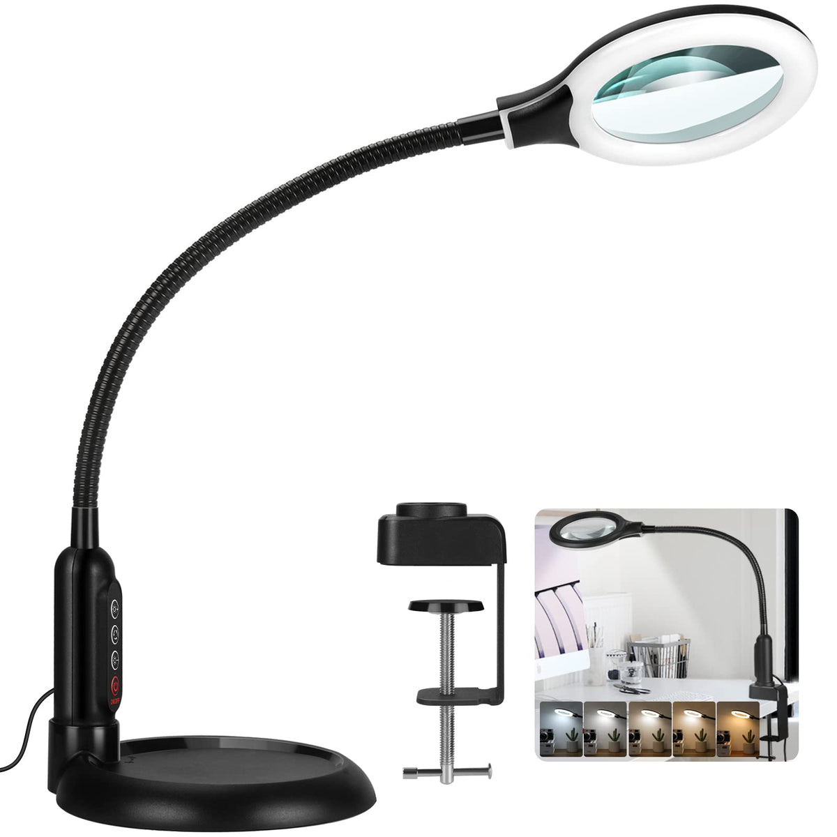 Tomsoo 12x magnifying glass with light clipped to a desk for crafts