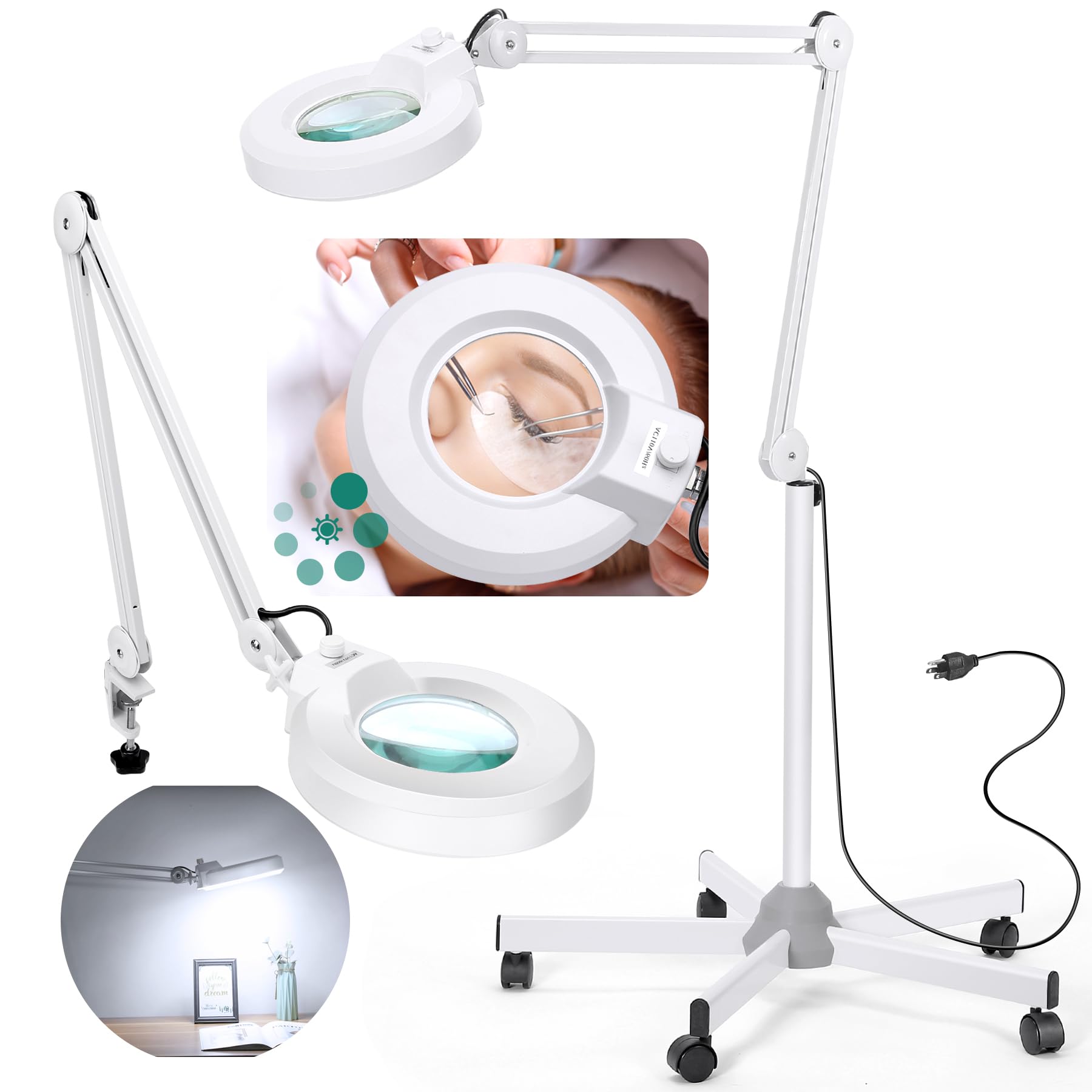 Tomsoo 12X magnifying lamp with stand for precise lash extensions and facial work.