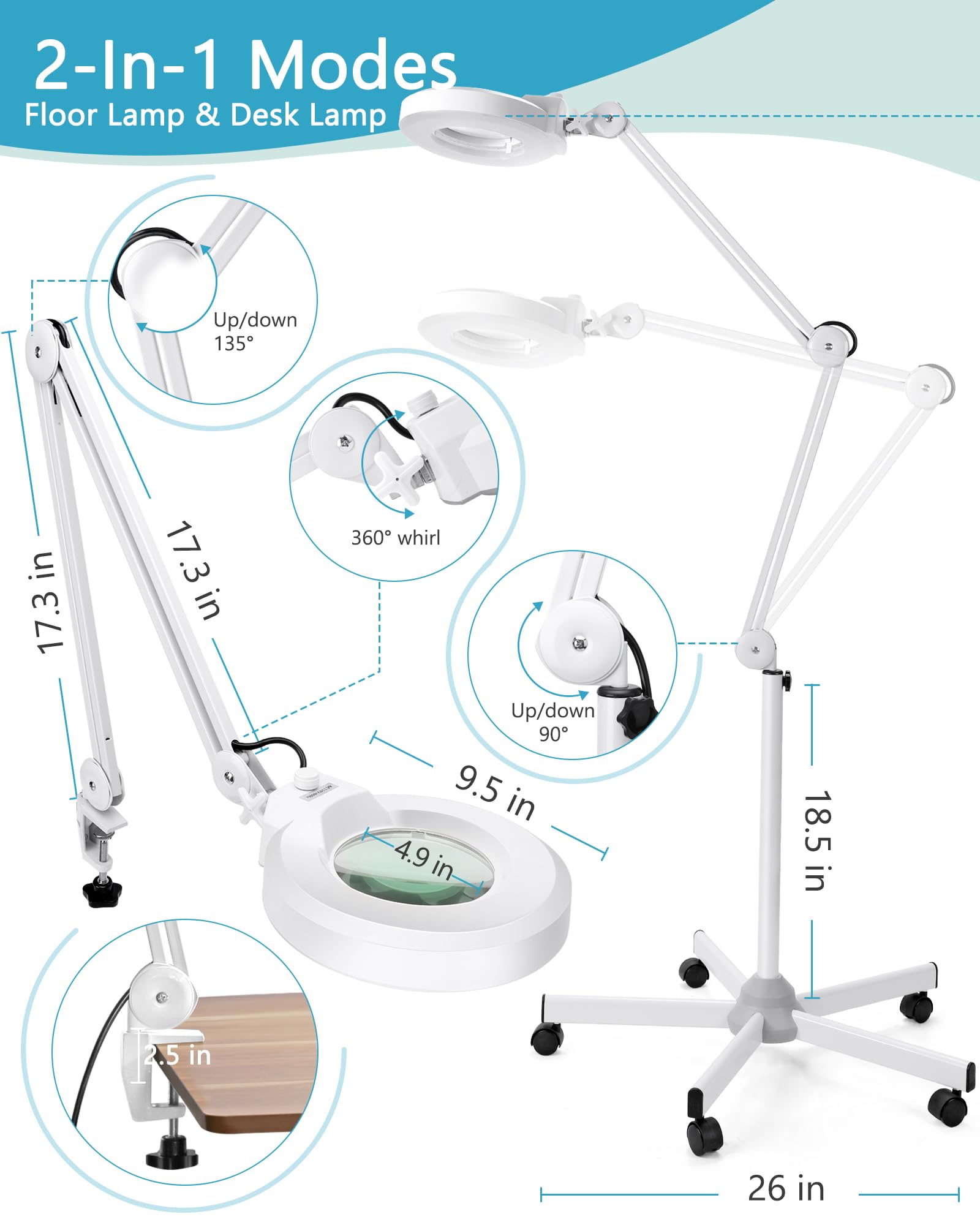 Tomsoo two-in-one lamp converts between floor use and desk clamp.
