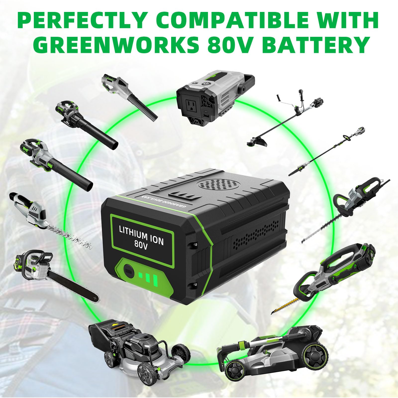 TONAMO 80V battery in-use with trimmer or mower enables reliable yard work.