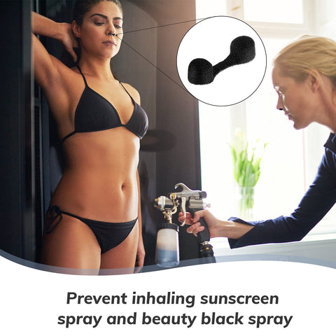Tondiamo nose filter in nostril during spray tanning reduces exposure.