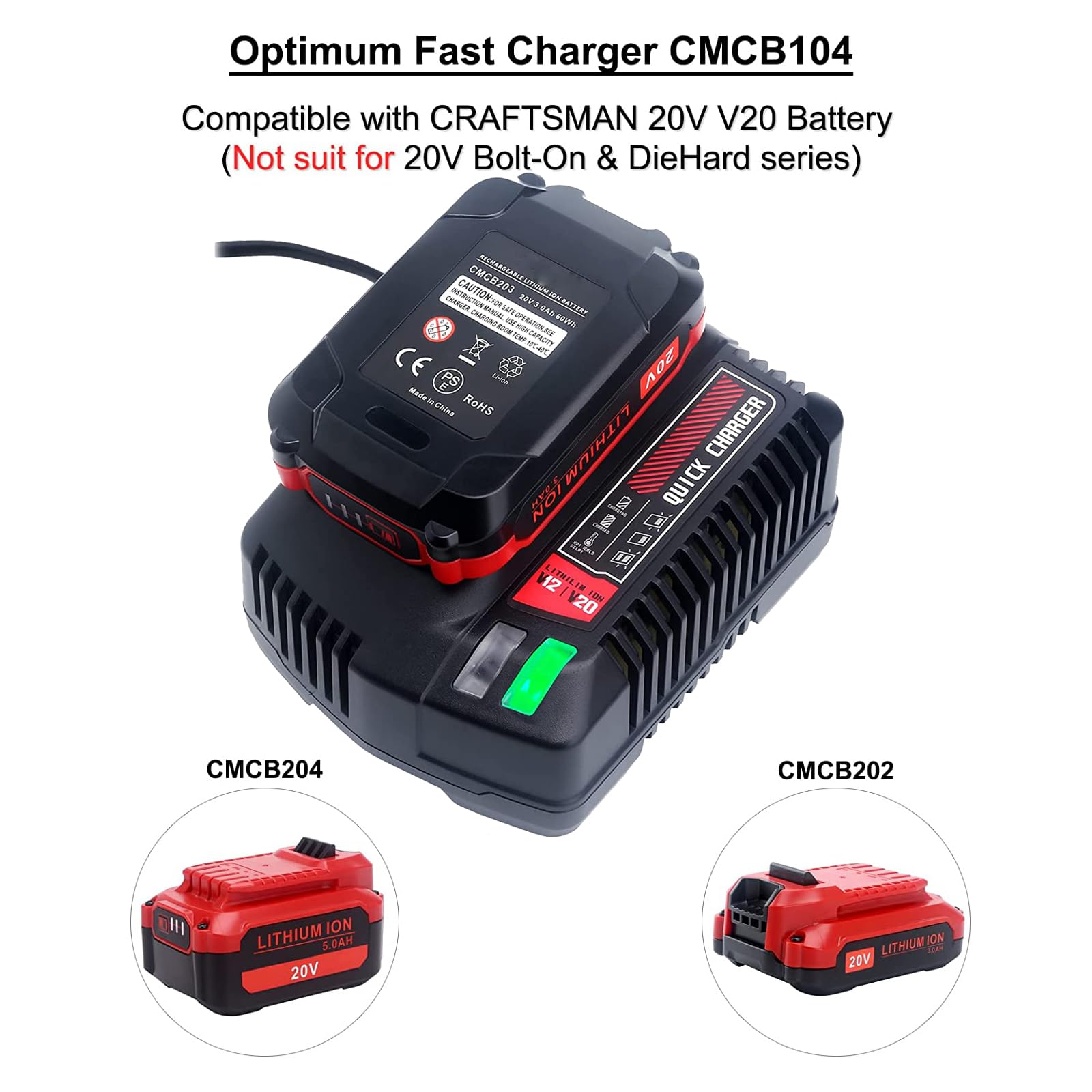 Tongshcorp CMCB104 charger shows LED status for charging and temp alerts.