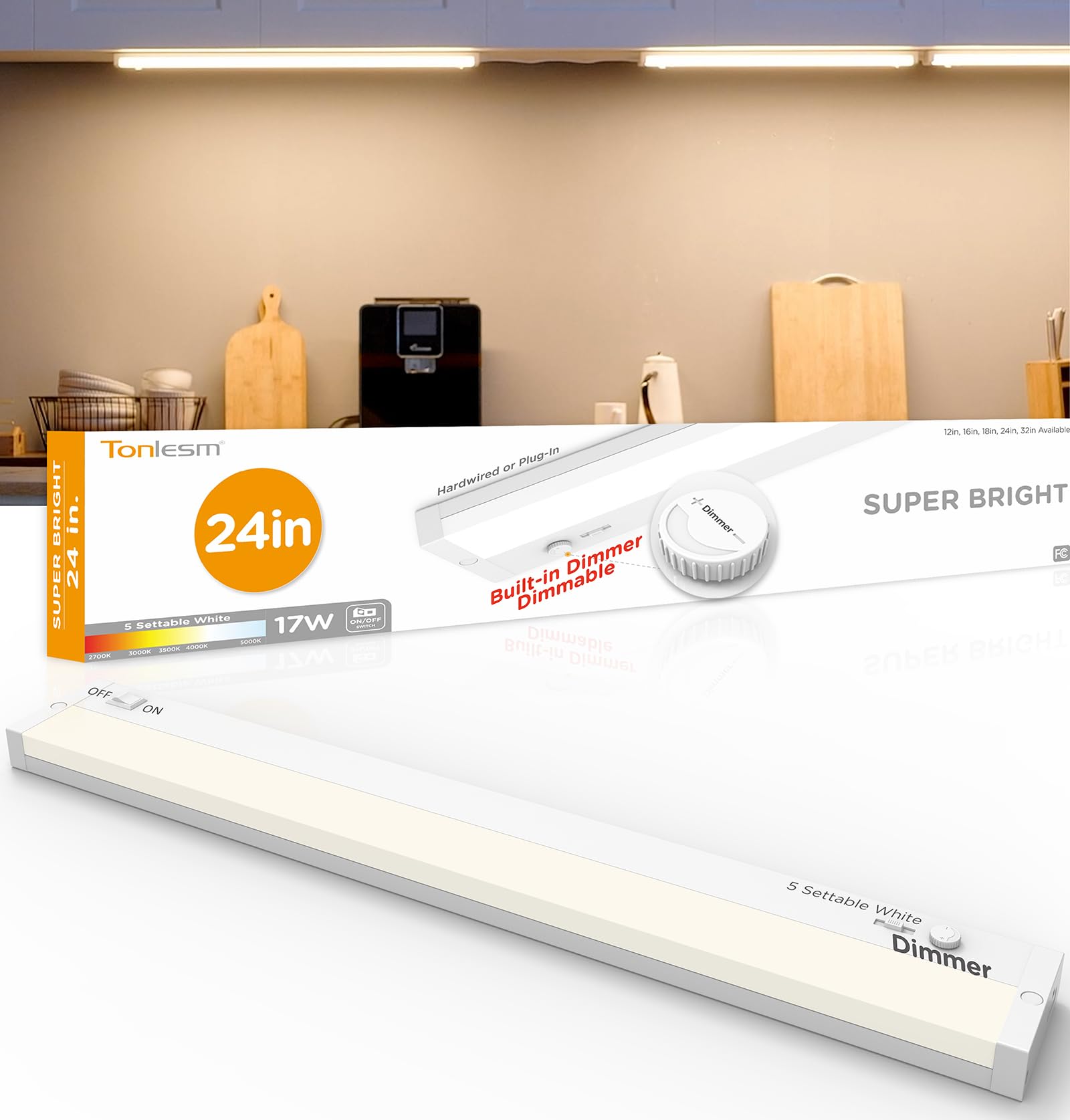 Tonlesm LED under-cabinet light 24in illuminates kitchens with bright efficiency.