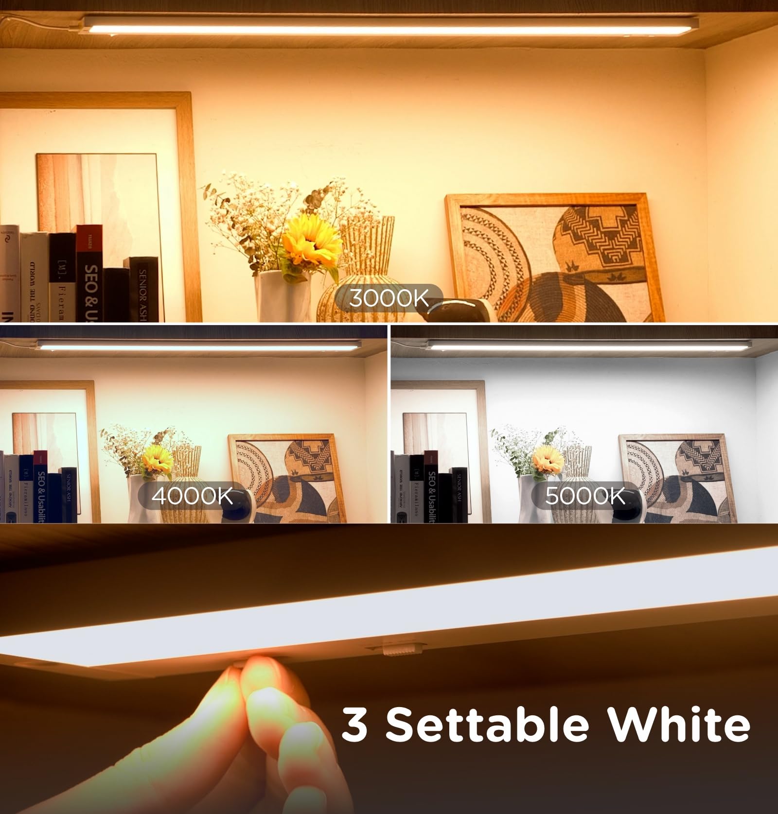Tonlesm linkable LED cabinet light enables customized kitchen lighting setup.