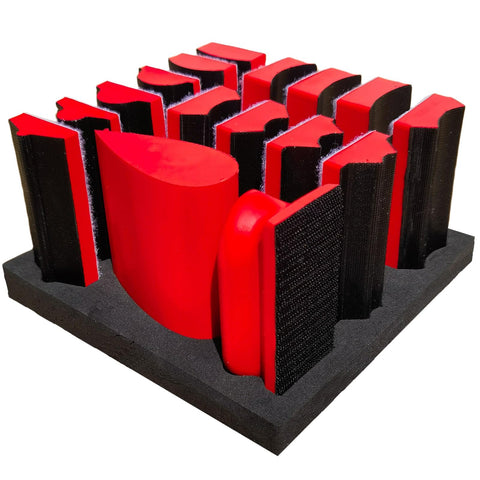 Tonmp 16-piece hand sanding block set with interchangeable shapes for precise woodworking finishes.