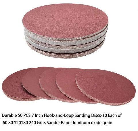 Tonmp 7in sanding disc pack image showing 50-piece set and grit range.