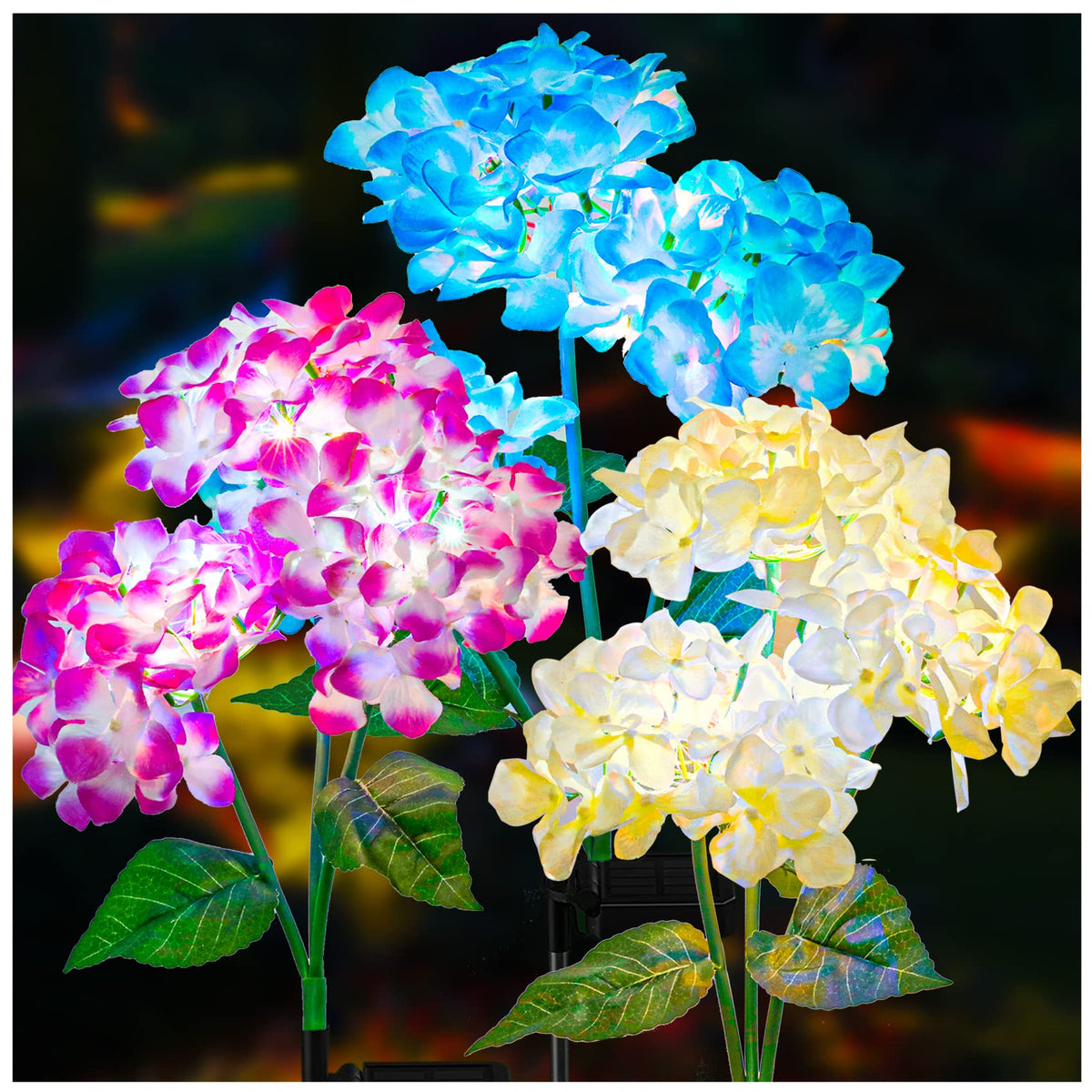 TONULAX colorful hydrangea solar light in garden provides evening ambiance.