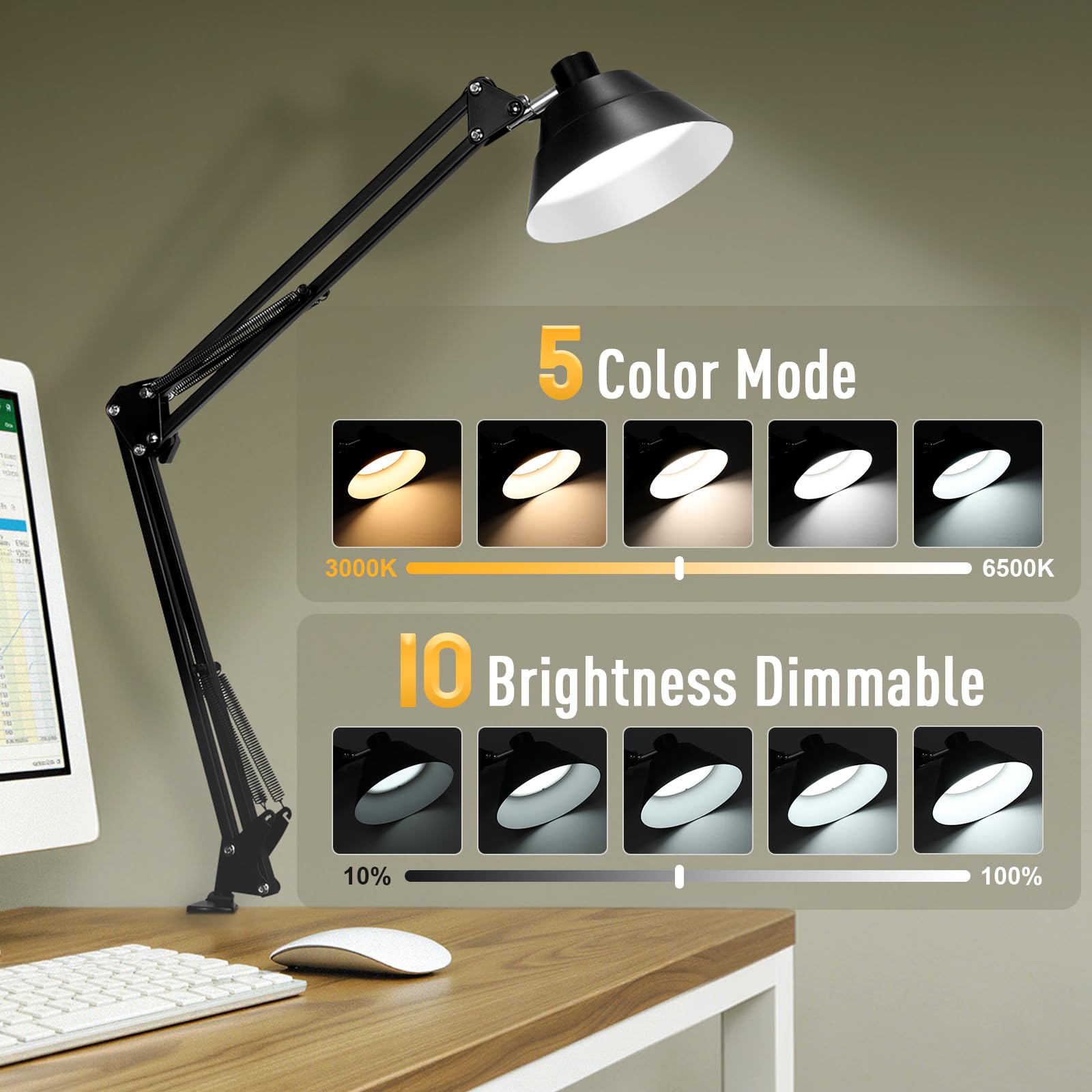 TonyEst clamp-on desk lamp saves desk space with secure mounting.