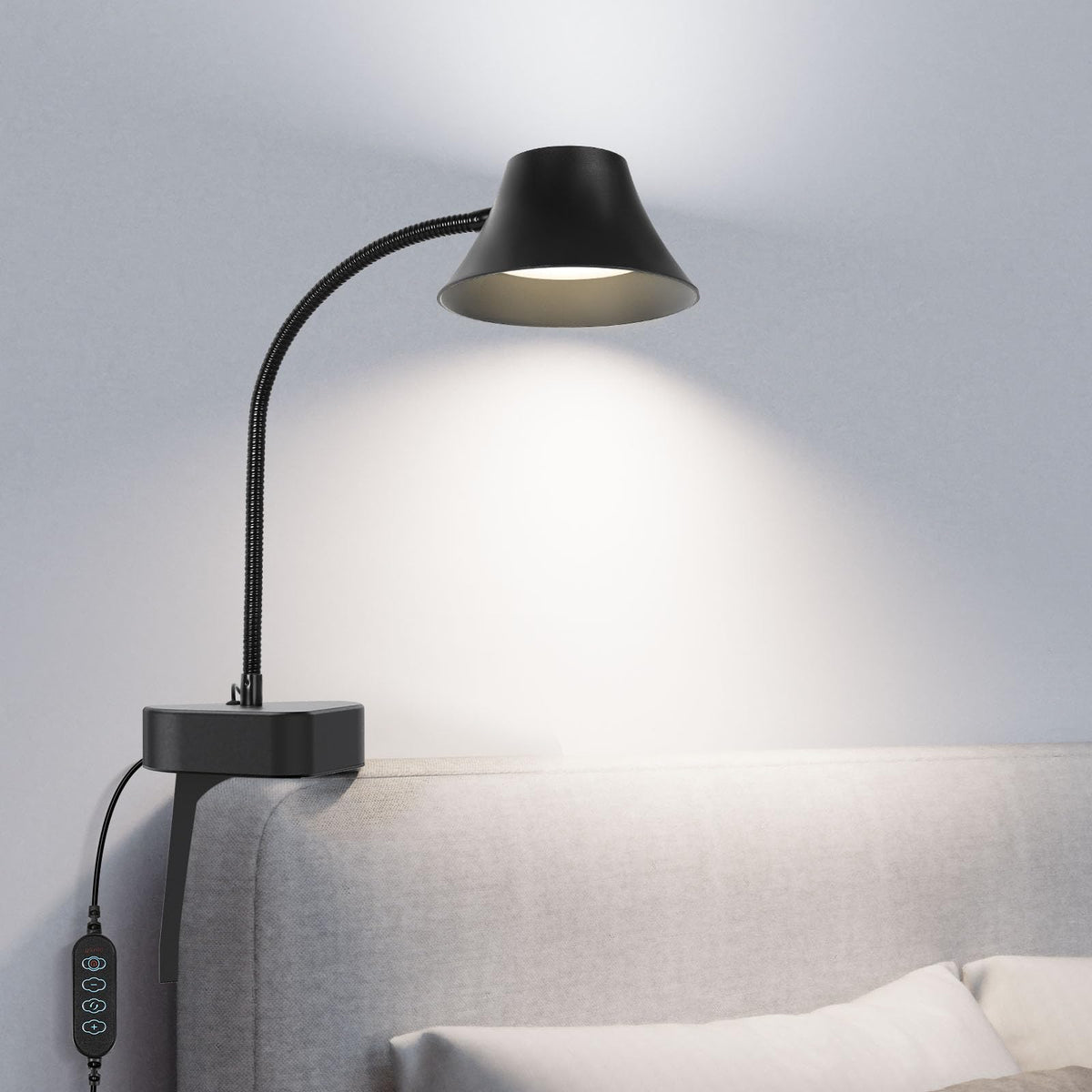 TONYFUL bed light headboard attachment demonstrates drill-free installation for cozy bedside reading.