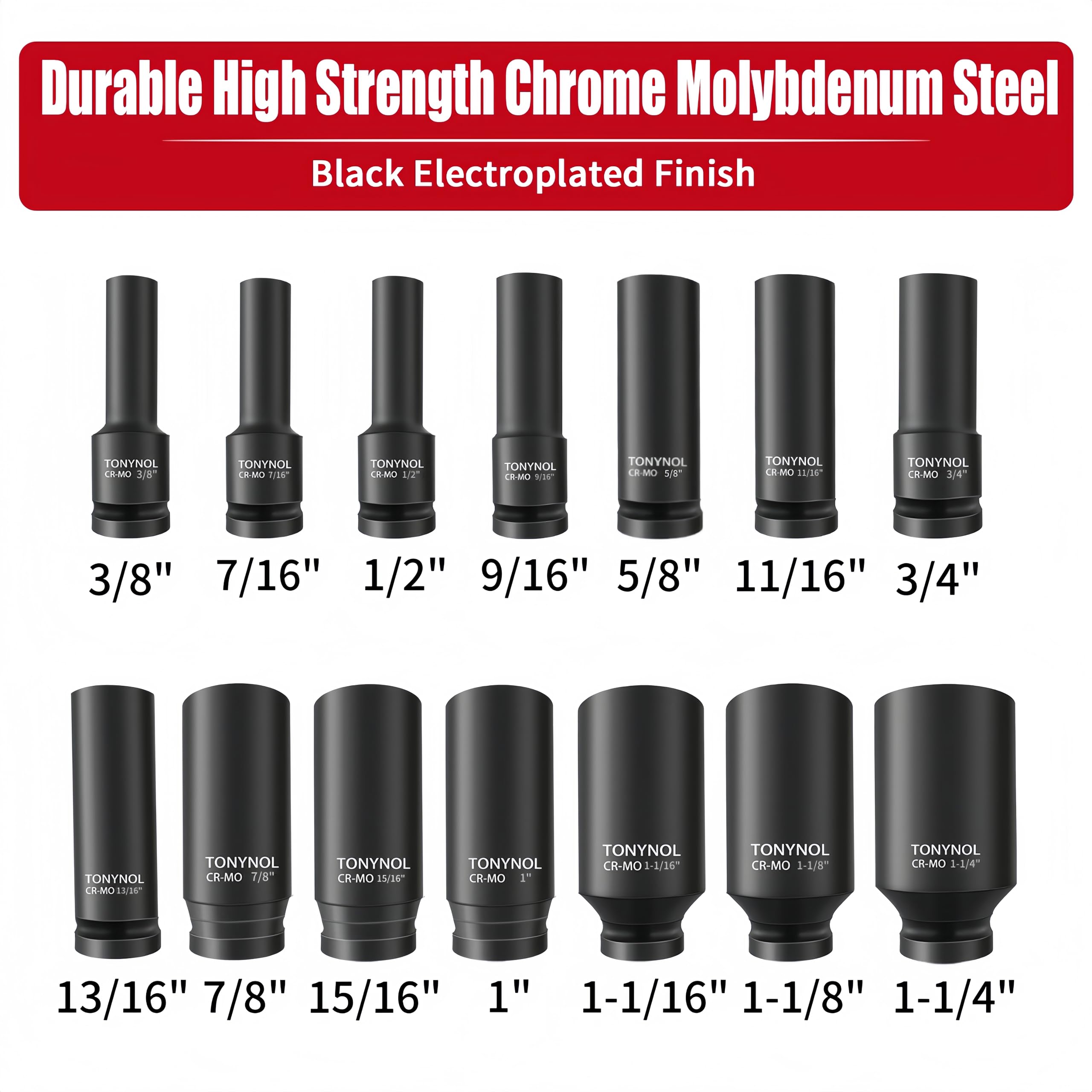 TONYNOL 6-point sockets made of Cr-Mo steel with abrasion resistance.