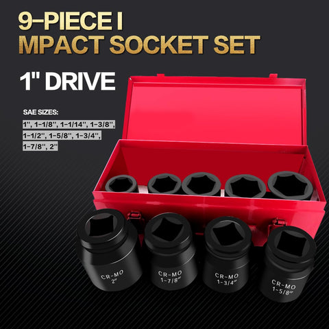 TONYNOL 9-piece socket set sizes 1in to 2in for wide task coverage