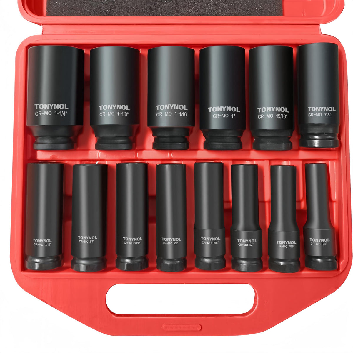 TONYNOL 6-point deep-drive sockets with case for high-torque automotive tasks.