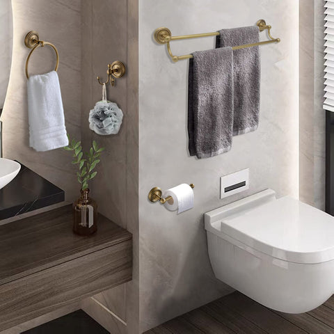 TooCust double robe hook in antique brass for secure hanging.