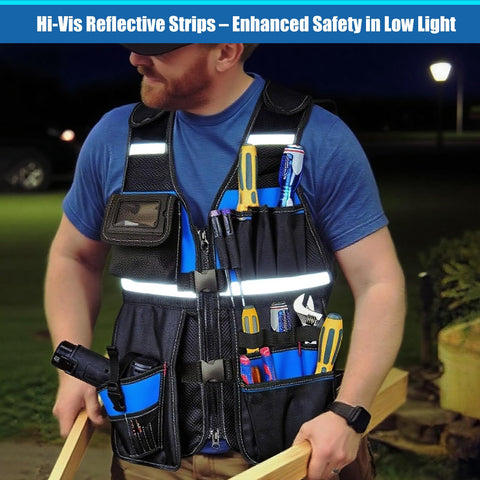 TooCust Tool Vest's mesh back enhances ventilation in hot site environments.