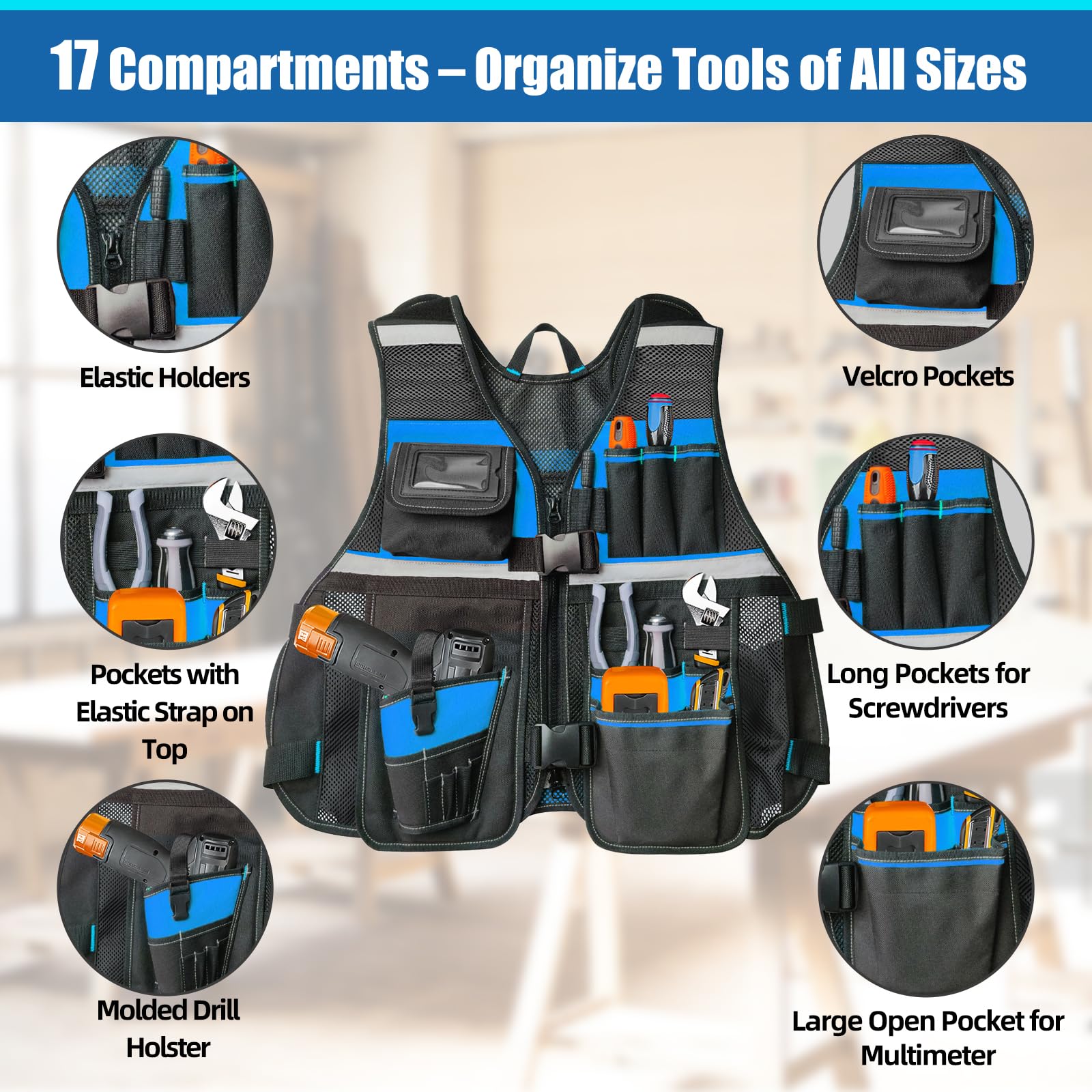 TooCust Tool Vest reflective strips increases visibility for safer low-light work conditions.