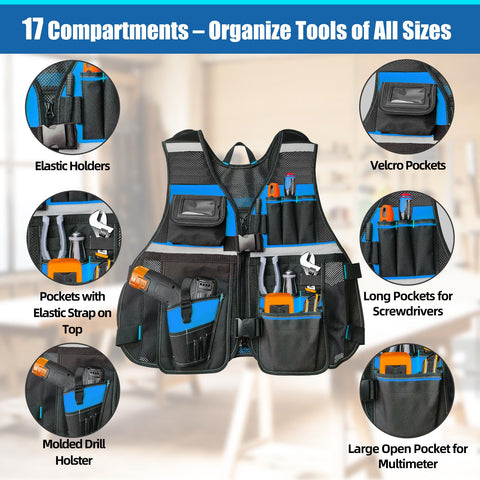 TooCust Tool Vest reflective strips increases visibility for safer low-light work conditions.