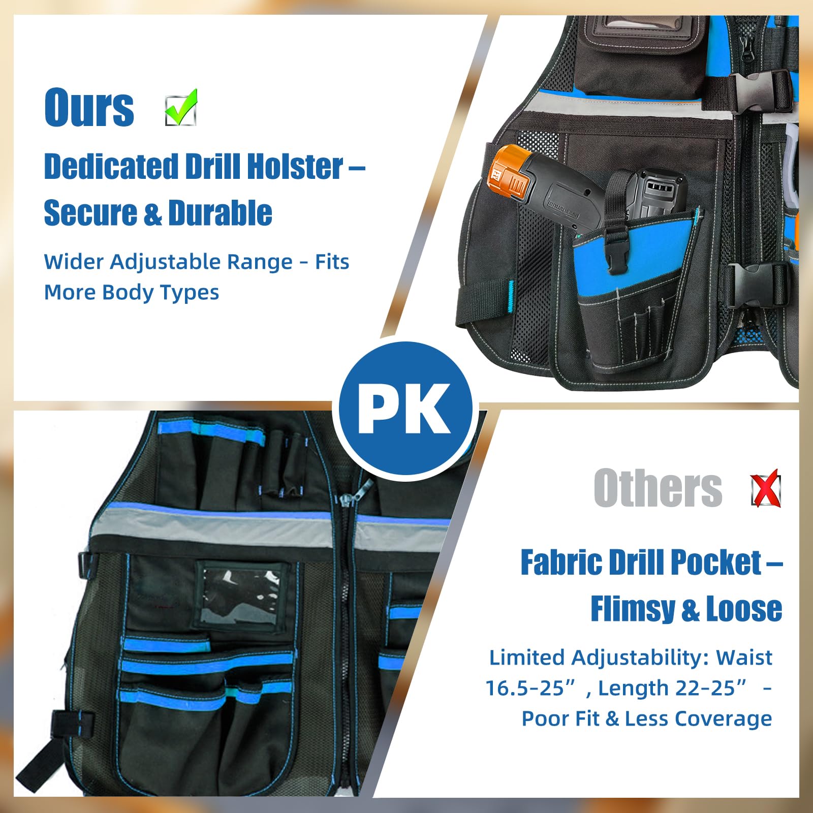 TooCust Tool Vest with 17 compartments organizes tools for quick, efficient jobsite retrieval.