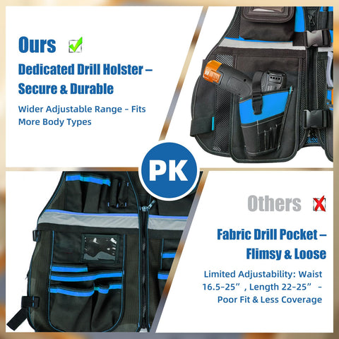 TooCust Tool Vest with 17 compartments organizes tools for quick, efficient jobsite retrieval.