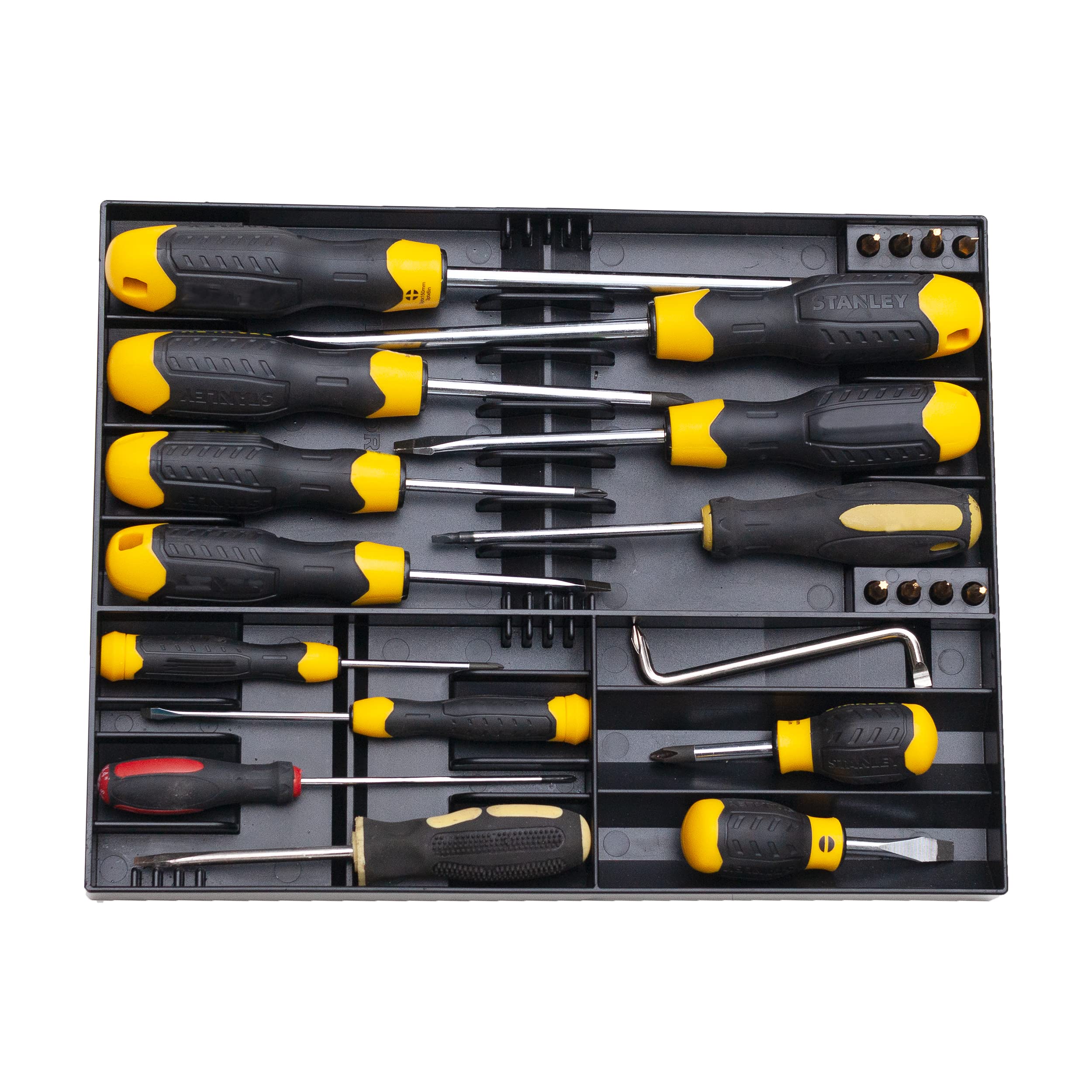Tool Sorter black organizer fits shallow drawers for easy reach in a toolbox