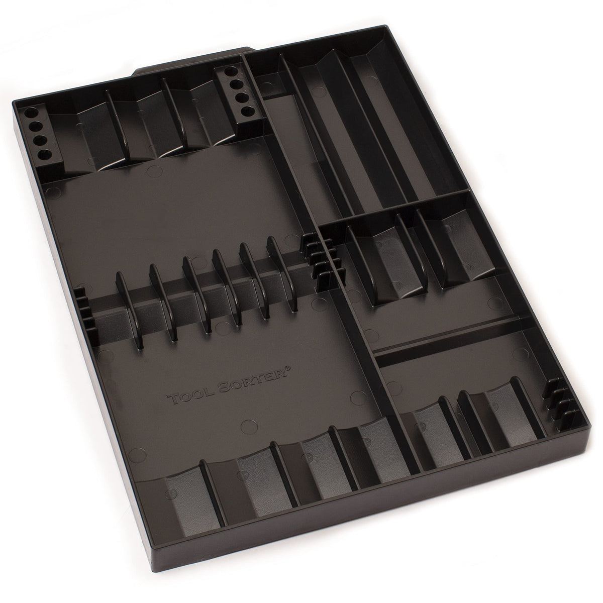 Tool Sorter screwdriver organizer in black, front view showing organized drivers for quick access