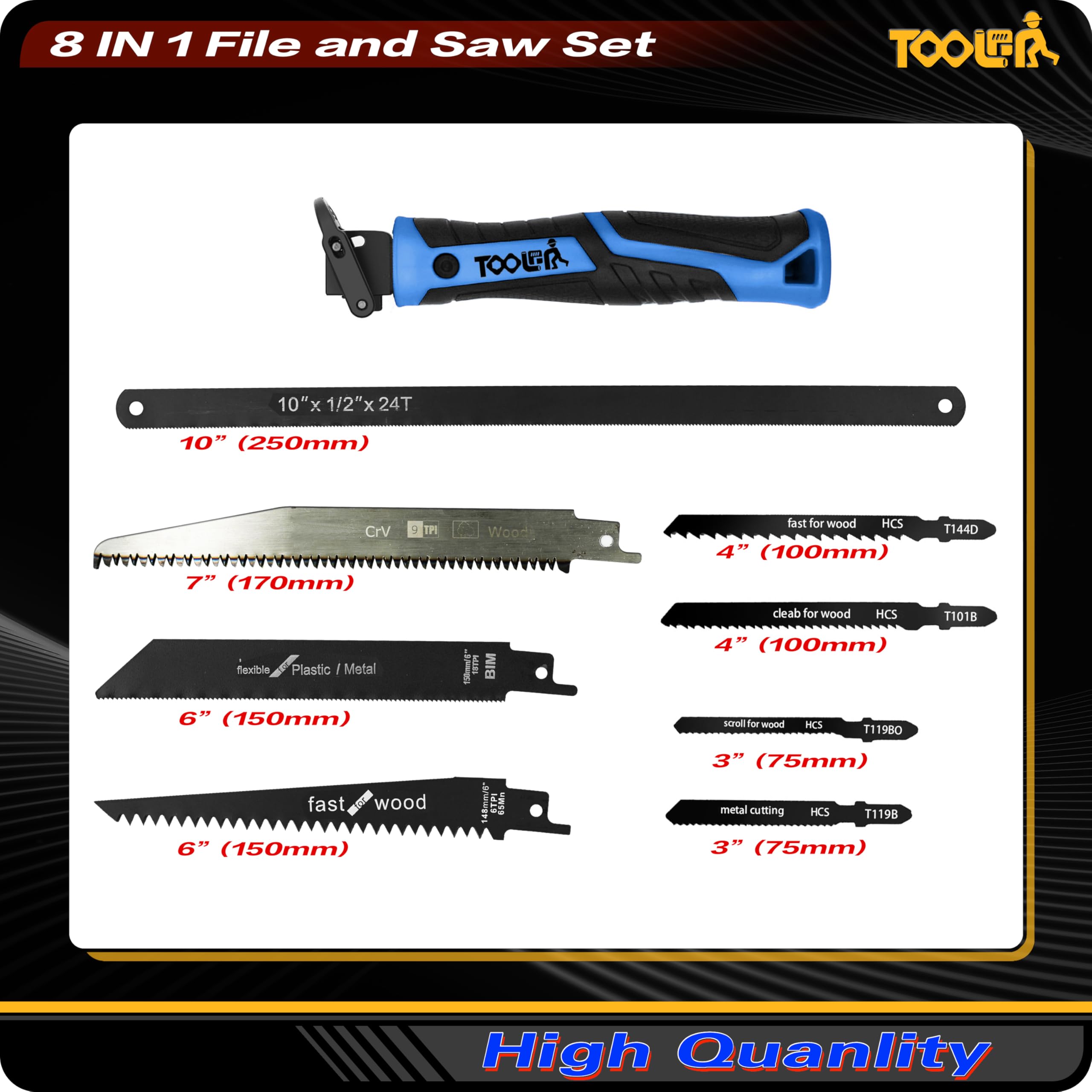 Toolan lockback mechanism securely holds blades for quick changes.
