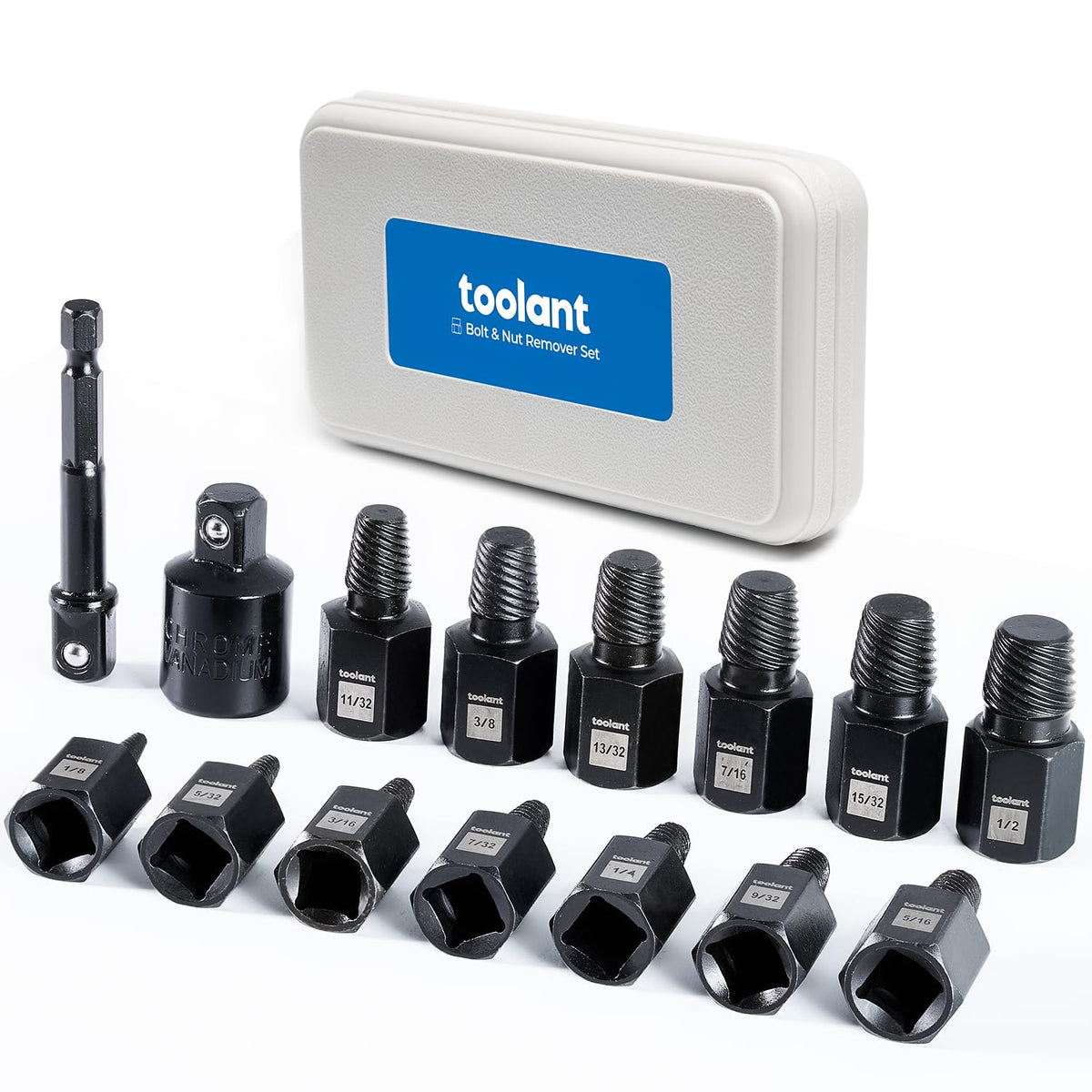 Toolant 15pcs impact screw extractor set removes damaged fasteners.