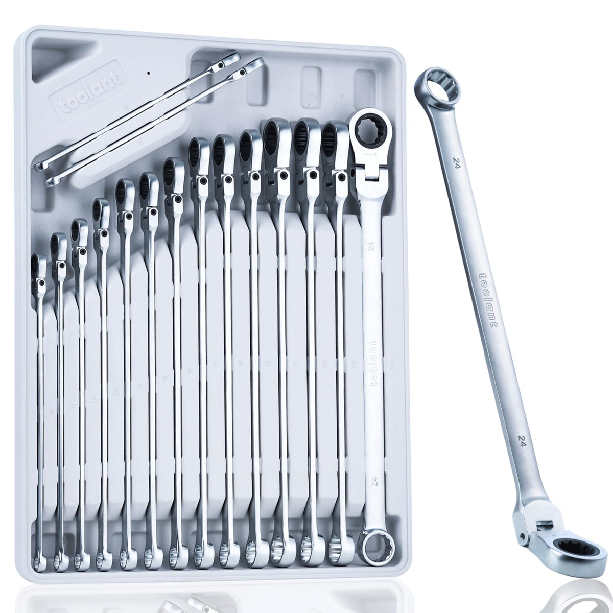Toolant 16-piece wrench set with flex head reaching tight spaces.