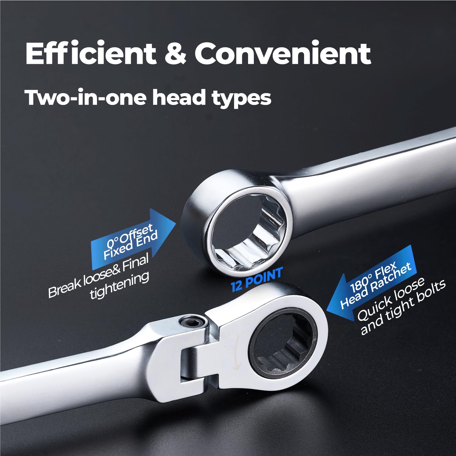 Toolant wrench with offset fixed head for strong leverage on recessed bolts.