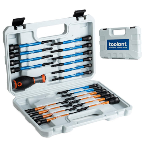 Toolant 21pcs extra-long nut driver set shown as an organized kit for versatile projects